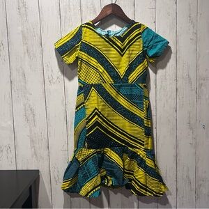 Handmade African Wax Dress Kids 7-8 Small Bright Yellow Teal Black Geometric